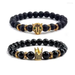 Strand preto natural pedra vulcânica pulseiras cabeça de leopardo coroa corda elástica fosco frisado pulseiras moda jóias para casais h299s