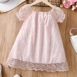 Vestidos de menina meninas vestido 2023 verão bordado malha flores princesa bebê adorável puff manga curta festa de casamento 3-7 anos