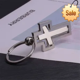 Simple Couple Metal Cross Keychain Hollow 360 Degree Rotating Accessories for Women Men Christian Pendant Friend Birthday Gift