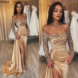 Glänzende Pailletten-Abendkleider mit langen Ärmeln und V-Ausschnitt, elegantes Champagner-Satin, plissiert, Meerjungfrau, formelle Partykleider für Damen, sexy, hoch gespalten, arabisches Aso-Ebi-Abschlussballkleid CL2787