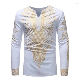 Abbigliamento etnico Bianco Africano Dashiki Stampa Camicia Uomo 2024 Marca Manica lunga Scollo a V Hip Hop Streetwear Casual Chemise Homme 3XL