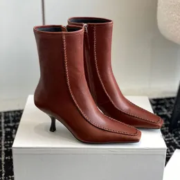 The Row Shoes Kadın Botları Moda Deri Fermuarı Meydanı Topuk Ayak Bileği Botları Stiletto Lüks Tasarımcı Ayakkabı Fabrika Ayakkabı