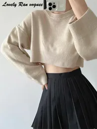 Kobiety dla kobiet z dzianiny Upraw Top Sweter Women 2023 Autumn Oneck Długie rękaw Solidny swobodny kobiecy dzianin pullover luźne allmatch proste dama krótkie topy 231018