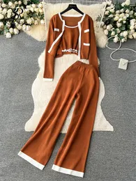 Kvinnors träningsdräkter SingReiny Autumn Knittade tre stycken uppsättningar 2023 Slim Tank Top Long Sleeves Short Cardigan Elastic Long Pants Fashion Sweater Set 231018