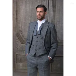 Męskie garnitury 2023 Custom Made Grey Tweed Formal Men Suit Slim Fit Classic Stylish Tuxedo 3 -Place Wedding (kamizelka spodni)