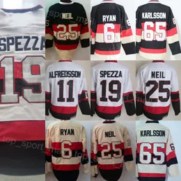 Homme Retro Hockey 25 Chris Neil Jerseys Vintage Classic 11 Daniel Alfredsson 6 Bobby Ryan 65 Erik Karlsson 19 Jason Spezza Toutes coutures Noir Blanc Beige Couleur de l'équipe