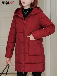 Women's Down Parkas Overdimensionerade 6xl Casual Hooded Snow Wear Midlength vadderad bomullsjacka Löst varma vinterfast färgpuffersjackor 231018