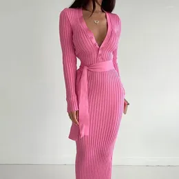 Vestidos informales Vestido de encaje de manga larga con rayas de punto de cristal para mujer Color sólido Ropa femenina elegante con cuello en V Maxi Outfit