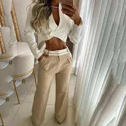 Womens Two Piece Pants Beachbele Kvinnor Set Autumn V Neck Long Sleeve Bare midja Vit Top Solid Elegant Office Outfit med Pocket 231018