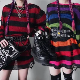 Mulheres Malhas Tees Lairauiy Mulheres Y2K Egirl Goth Buraco Listrado Pulôveres De Malha Manga Longa Rasgado Suéter Jumpers Estilo Punk Kawaii Harajuku 231018