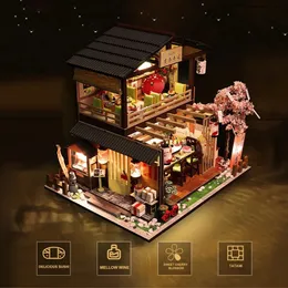 Doll House Accessories Japanese Sushi Bar Restaurant Wooden DIY Model Miniature Building 3D Wooden Dollhouse Toy Furniture Kids Toys Birthday Gifts 231018