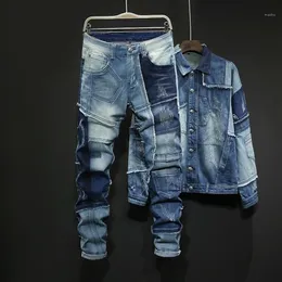 Men's Tracksuits Spliced Denim Jackets And Jeans Autumn Mens Loose 2Pcs Set Long Sleeve Single Breasted Full Length Pant SetM289K