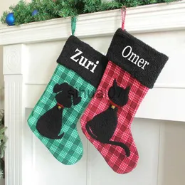 Decorações de natal personalizadas meias de doces de natal criativo xadrez meias de natal pingente de pelúcia gato cão saco de natal x1019