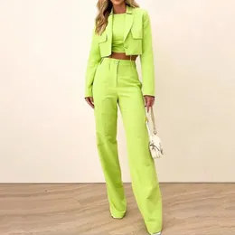 Womens Two Piece Pants Beachbele Kvinnor Set Autumn Elegant Lapel Full Hylsa Bare midja Kort kappa Top Straight Set Office Solid Outfit 231018