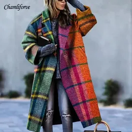 レディースウールブレンドS5XLコートとジャケットカラーブロック格子縞の長袖ラペルプリントドラゴンフェニックスウールコート女性231018
