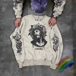 Men's Hoodies Sweatshirts Washed Saint Michael Sweatshirts Men Women Oversized Portrait Graffiti Print Damaged Hooded Pullover T231019