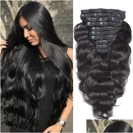 Clip In/On Hair Extensions Long Wavy In Natural Black Virgin Brazilian Human Body Wave Ins Extension 8Pcs/120G Drop Delivery Products Dhisl