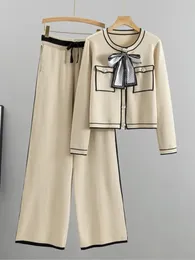 女性のトラックスーツaonibeier women cardigan wide pants nited sets traf 2023冬のコントラストカラー長袖スリムセーター女性クロップトップスーツ231018