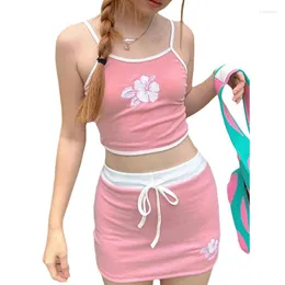 Work Dresses Xingqing Cute 2000s Outfit Y2k Aesthetic Fairycore Grunge Clothing Floral Print Crop Top And Mini Skirt Sweet Kawaii Clothes