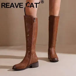 ブーツをReave Cat Ladies Nee-High Boots 37cm Wide Leg Round Toe Thick Heel 4.5cmジッパーブリティッシュスタイルプラスサイズ47 48レジャーシューズ231018