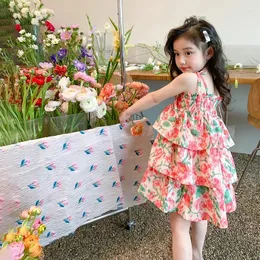Robes d'été pour filles, vêtements de vacances pour bébés, vêtements à la mode, avec bretelles florales superposées, laçage, 2-7 ans