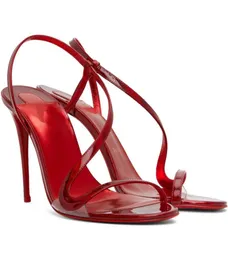 2023 Luxury Woman Sandal Red Patent Leather Rosalie Sandals 100mm klackar Kalv äkta läderband Sexiga fötter Sling Back Shoes Wedding Party Dress Pumps With Dust Bag