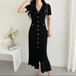 Black Slim Knitted Long Dress Women Single-breasted V-neck Short Sleeve Split Dresses Vintage Elegant Fashion Ladies Vestidos