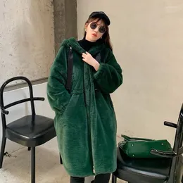 Abrigo largo con capucha y cremallera gruesa y cálida de invierno para mujer, chaqueta de manga larga holgada coreana verde oscuro y negro para mujer