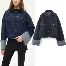 Women's Jackets TRAF Loose Denim Jacket For Woman Autumn Lapel Long Sleeve Casual Coats Vintage Patch Pockets Metal Button Women 2023 231018