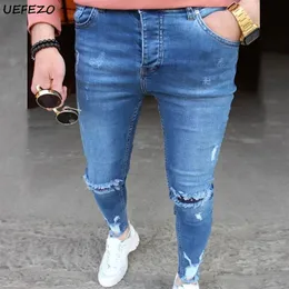 Mäns jeans uefezo män denim byxor sommar sexig hål cyklist stretchig mager förstörde smal fit rippad blyerts272t