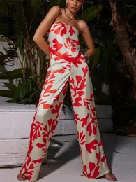 Женские брюки из двух предметов, шикарный повседневный костюм с широкими штанинами и принтом, сексуальный топ с поясом на шнуровке, комплект брюк 2023, летний женский праздничный модный наряд