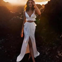 Evening Dresses White Prom Party Gown Ivory New Zipper Plus Size Custom Lace Up Satin Mermaid V-Neck Thigh-High Slits Two Pieces Floor-Length Sleeveless