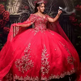 Red Shiny Princess Tulle Ball Gown Off the Shoulder Quinceanera Dresses Meninas Appliques 3DFlower With Cape Ballkleid Vestidos De 15 Anos