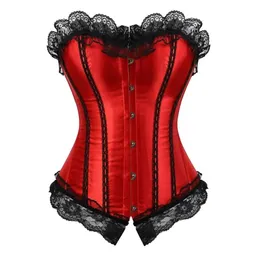 ANDREAGIRL Sexy Satin Lace up Boned Overbust Corset And Bustier With Lace Trim Showgirl Stripe Lingerie Red S-6XL Fashion 8113247M