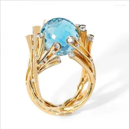 Cluster Rings For Women Gold Color Ring Blue Branch Inlaid Romantic Gift Engagement Wedding Jewelry Bague Femme