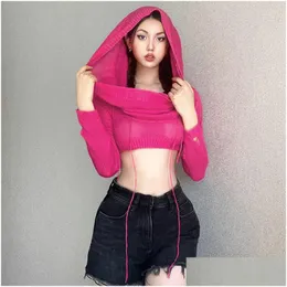 Womens T Shirts Sylcue Simple Solid Color Personality Versatile Street Confidence Casual Vitality Young Girls Hooded Cropped Drop De