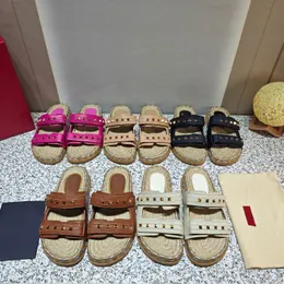 Women Shoes TOP Quality luxury straw braiding real Leather Slippers Rivet Espadrilles Summer Slides Designer Shoes Flats fisherman shoes Mujer heel