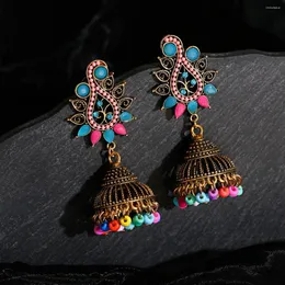 Boucles d'oreilles pendantes bohème ethnique cloche goutte pour femmes rétro Bronze métal multicolore strass incrusté pendentif perlé