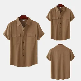 Мужские повседневные рубашки из хлопка и льна, однотонные белые рубашки для мужчин, летние повседневные рубашки с двойным карманом и коротким рукавом, мужские дышащие рубашки для делового отдыха 231018