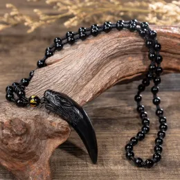 Nature Obsidian Wolf Tooth Pendant Halsband Lucky Pärlade rephalsband Black Obsidian Amulets Halsband smycken