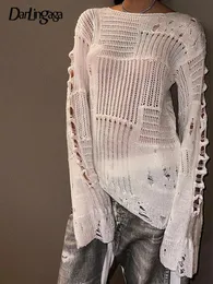 여자 니트 티 테스 달링 가가 빈티지 흰색 찢어진 구멍 그런지 스웨터 여성 캐주얼 느슨한 점퍼 솔리드 롱 풀오버 니트 중공 휴일 231018