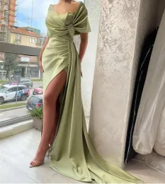 Classy Long Satin Green Evening Dresses Off the Shoulder with Slit Mermaid Sweep Train Vestidos De Gala Mujer for Women