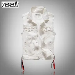 #3409 2018 Punk Slim Fashion White denim vests men Sleeveless jean jacket men Streetwear Gilet homme Biker jeans vest M-3XL231d