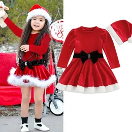 فساتين الفتاة FocusNorm 0-5y Kids Girls Christmas Dress Long Sleeve Bowknot Princess Red Velvet Dress مع قبعة 2pcs 231019