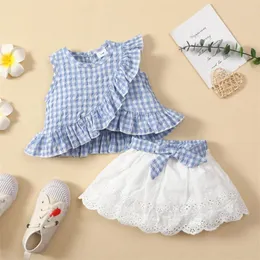 Kleidung Sets 2023 Kinder Geboren Mädchen Plaid Weste Top Und Bogen Spitze Mesh Rock 2 Stück Anzug Infant Baby Mädchen kleidung Sommer