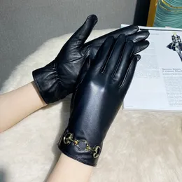 Gloves Black Women's Desinger Gloves 100%Genuine Sheepskin Leather Elegant Five Fingers Gloves Size M L Wrist Drive For Winter Padded and
