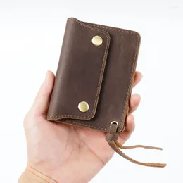 Wallets First Layer Cowhide Simple Card Bag Handmade Leather Short Purse Retro Crazy Horse Zipper Folder Storage