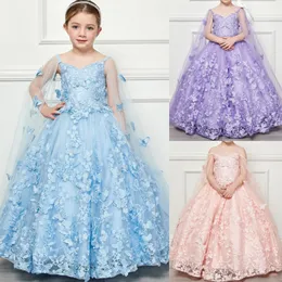 3D Kelebek Cape Kız Pageant Elbise 2024 Glitter Küçük Çocuk Eğlenceli Moda Pist Draması Doğum Günü Resmi Kokteyl Partisi Gown Toddler Teen Bayan Lilac Light-Blue Allık