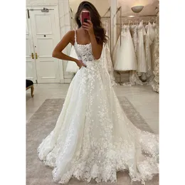 Sleeveless Lace Wedding Dress Beach Women Illusion Back Appliques Spaghetti Straps A-Line Bridal Gown Tulle Vestidos 328 328