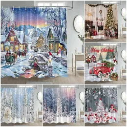 Chuveiro Cortinas Inverno Cortina de Natal Engraçado Boneco de Neve Árvores de Natal Lareira Caminhão Floresta Cena Nevada Ano Férias Casa Decoração de Banheiro 230819